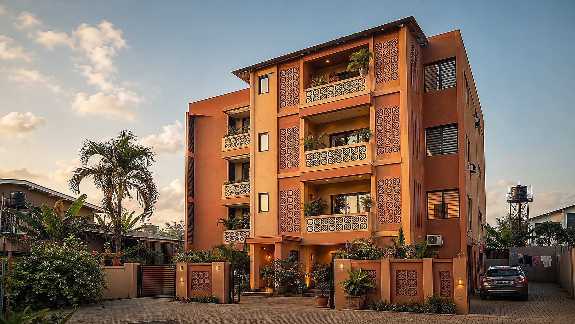 A contemporary Lagos apartment building at dusk, warmly lit from within