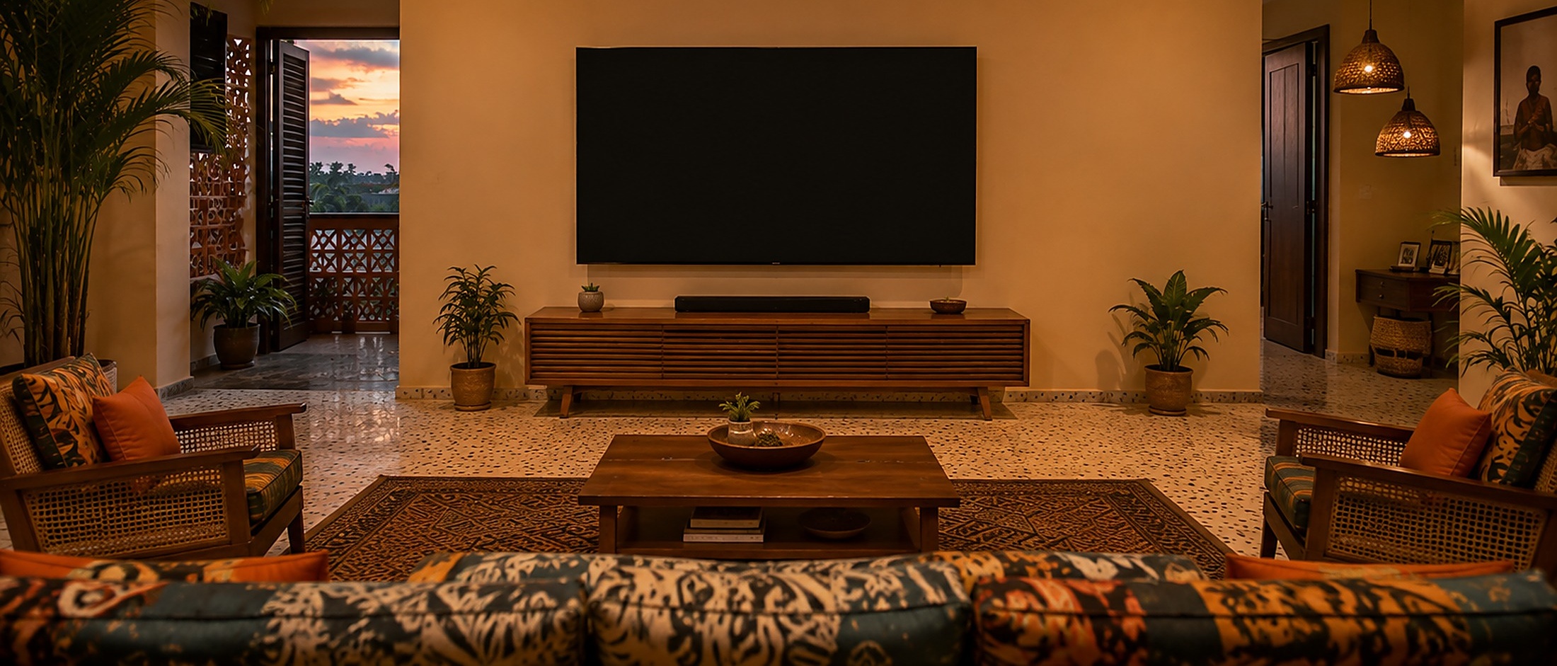 A warmly lit Lagos living room